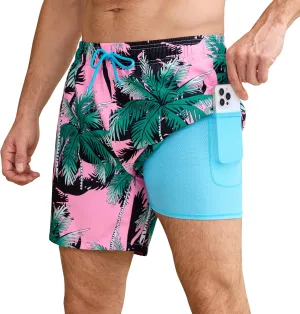 Mens Swim Trunks with Compression Liner Quick Dry Bathing Suit with Zipper Pockets Lightweight Beach Shorts