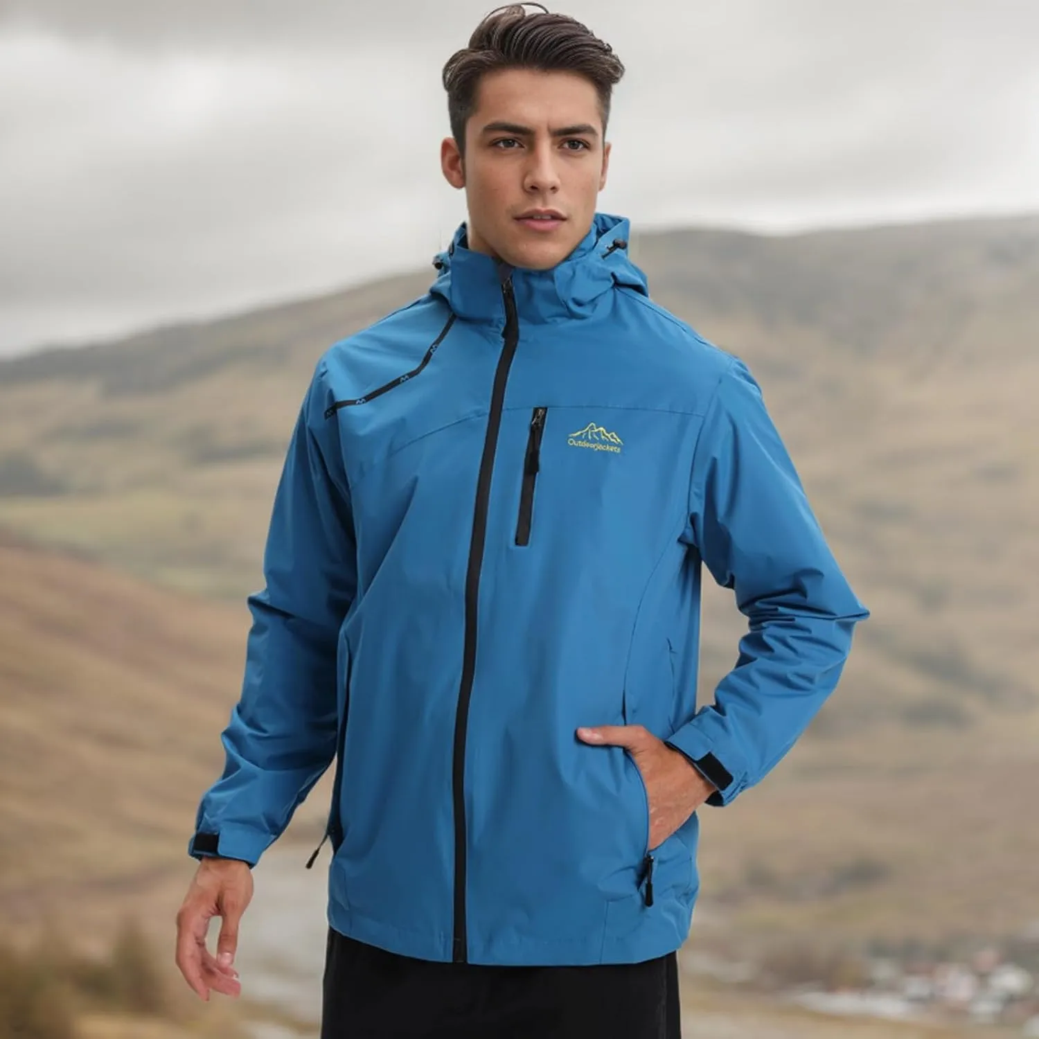 Men's Women's Waterproof Lightweight Rain Jacket Removable Hooded Windbreaker Raincoat Outdoor Windproof Casual