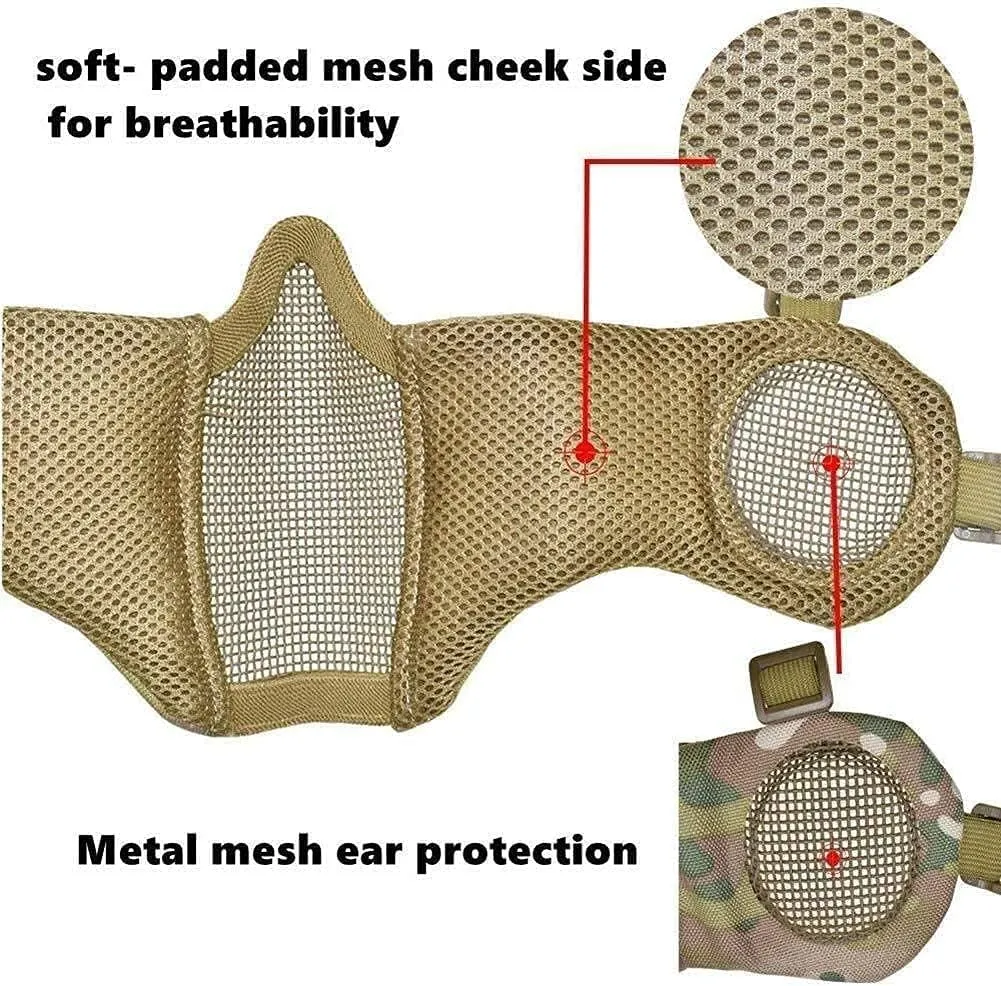 MH Tactical Fast Helmet Combined,with Foldable Ear Protection Half Face Mesh Mask and Goggles for Airsoft Paintball CS Game Set