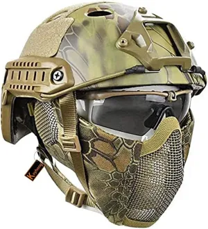 MH Tactical Fast Helmet Combined,with Foldable Ear Protection Half Face Mesh Mask and Goggles for Airsoft Paintball CS Game Set