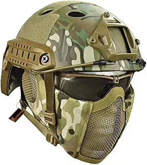 MH Tactical Fast Helmet Combined,with Foldable Ear Protection Half Face Mesh Mask and Goggles for Airsoft Paintball CS Game Set