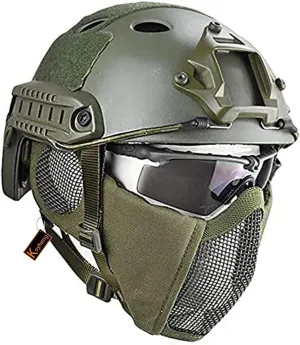 MH Tactical Fast Helmet Combined,with Foldable Ear Protection Half Face Mesh Mask and Goggles for Airsoft Paintball CS Game Set