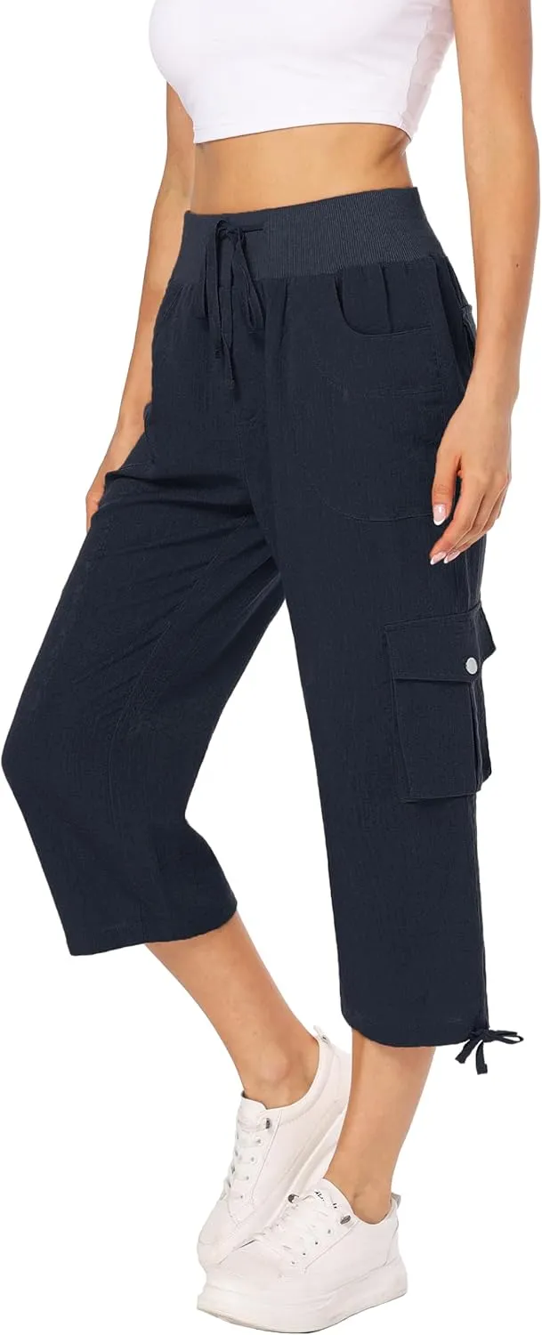 MISS MOLY Women's Cargo Capris Hiking Running Pants Loose Button Decor Lightweight Quick Dry Athletic Outdoor