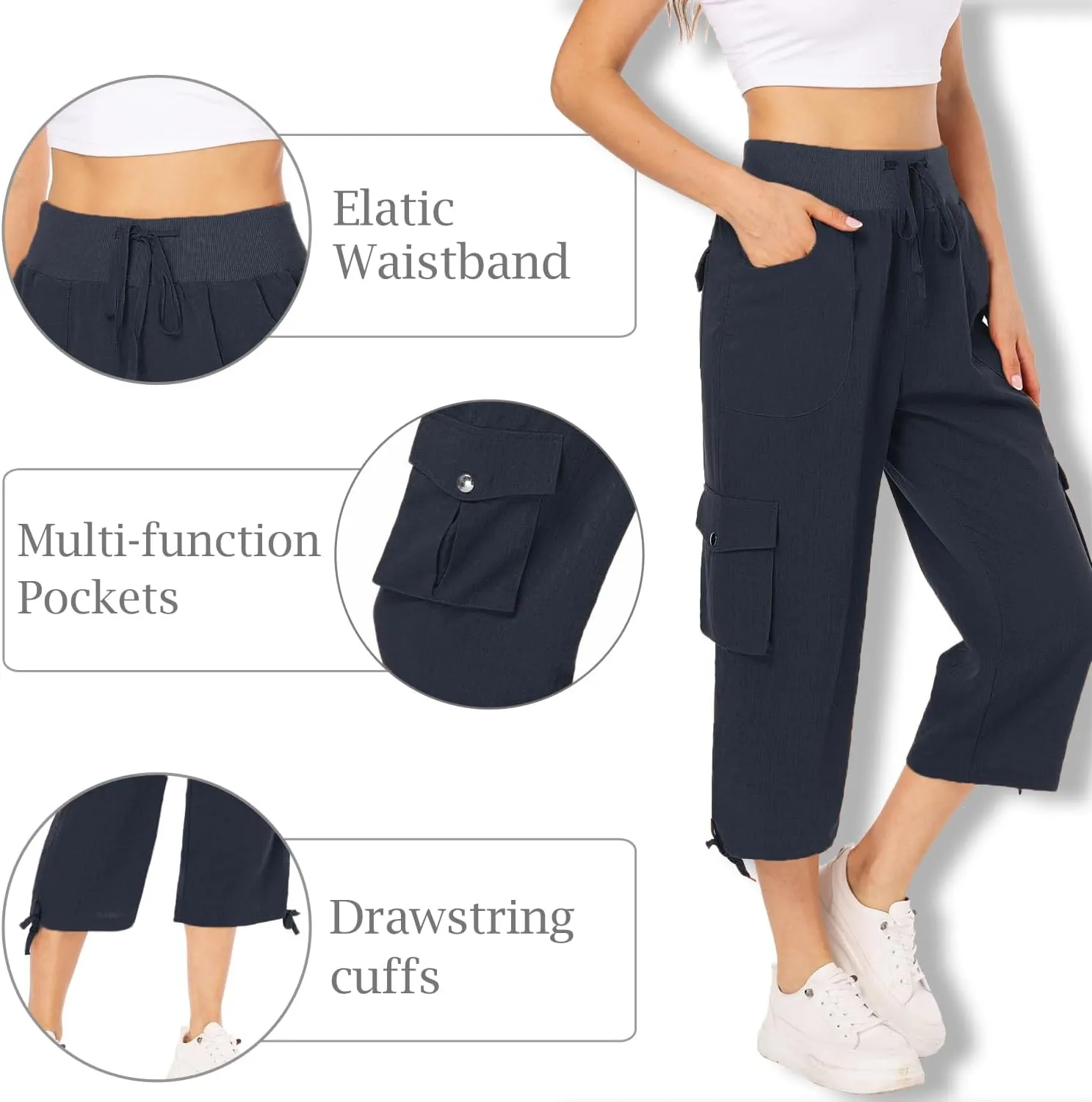 MISS MOLY Women's Cargo Capris Hiking Running Pants Loose Button Decor Lightweight Quick Dry Athletic Outdoor