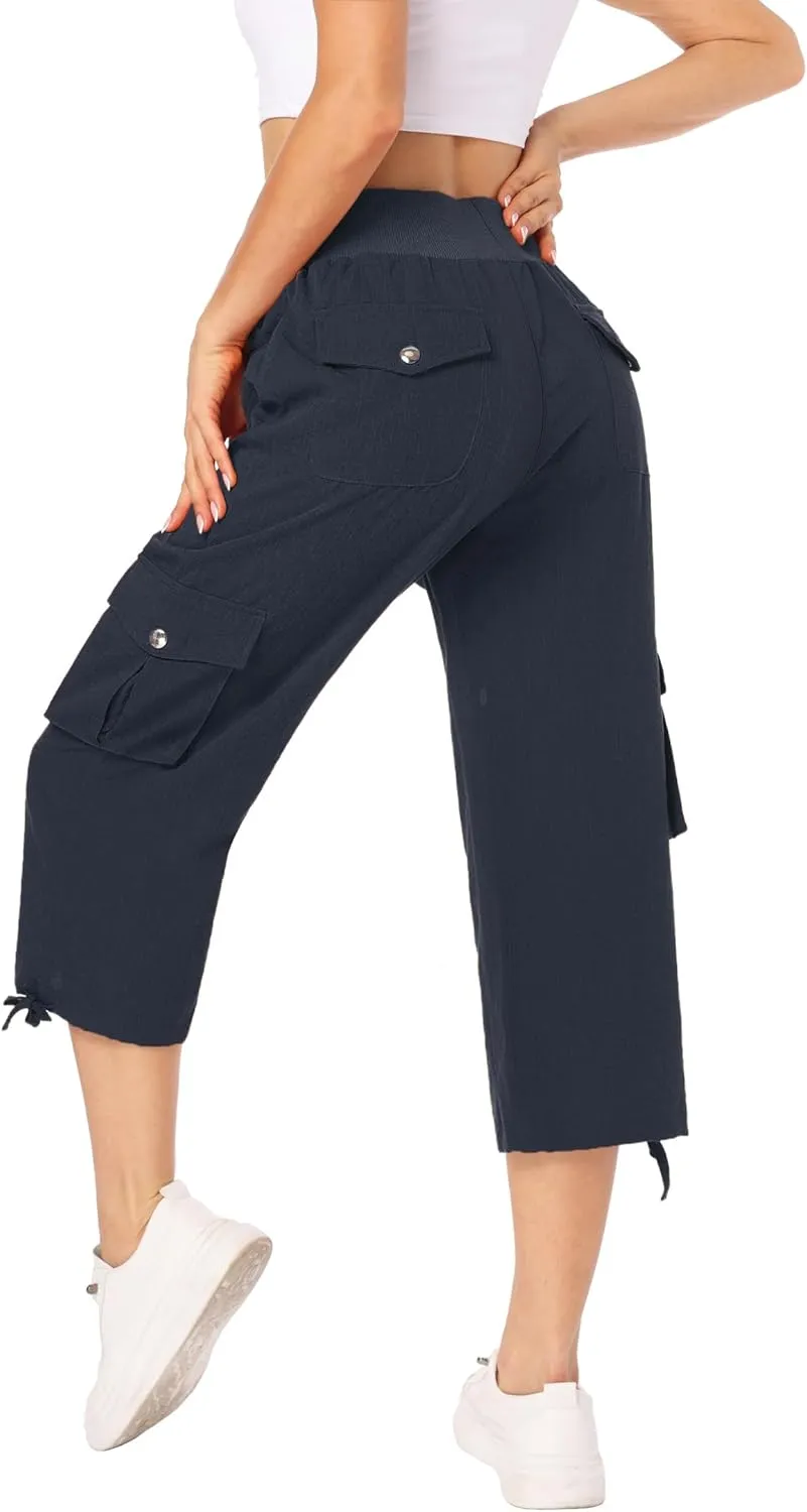 MISS MOLY Women's Cargo Capris Hiking Running Pants Loose Button Decor Lightweight Quick Dry Athletic Outdoor
