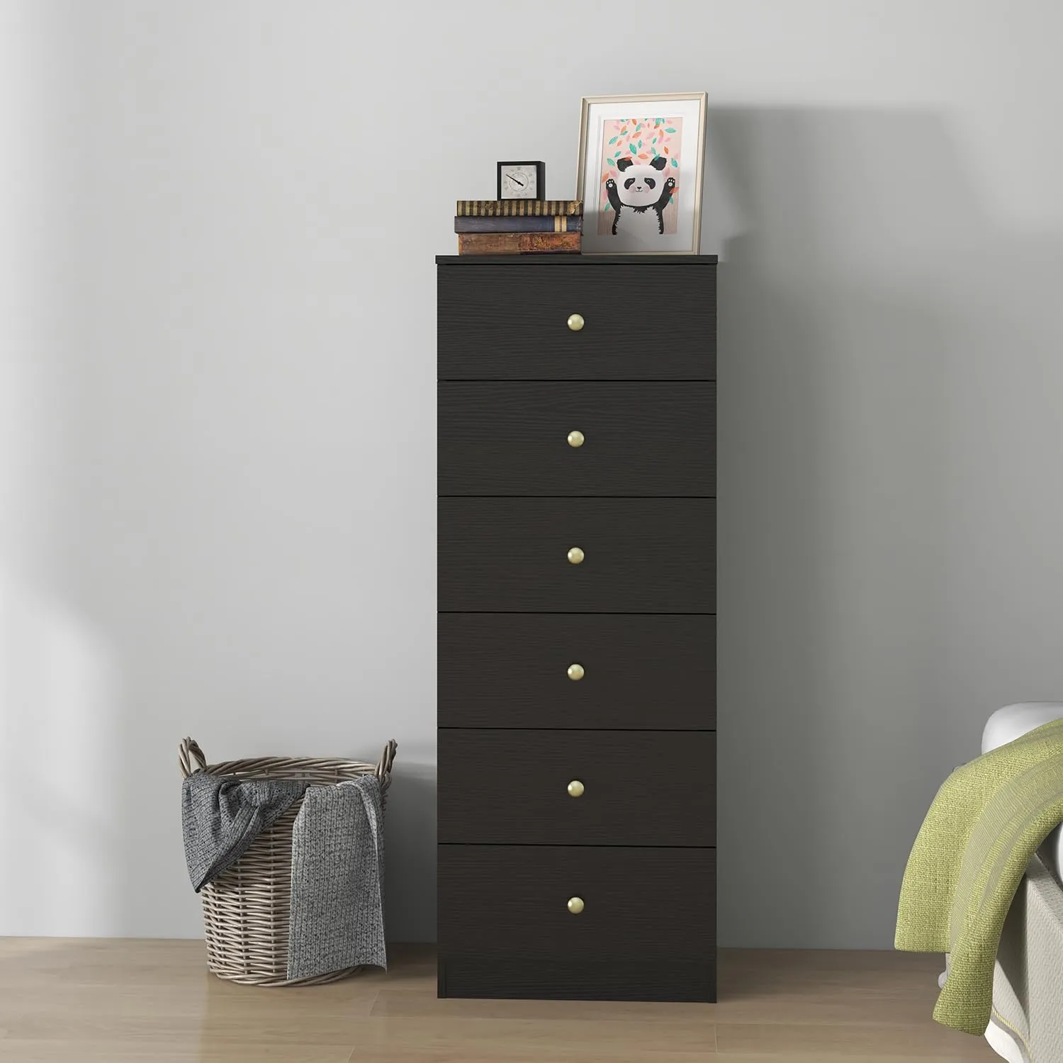 Modern 6 Drawer Vertical Dresser, Wood Tall Chest of Drawers N Arrow Storage Organizer with Wide Drawers & Metal Gold Handles for Bedroom, Living Room, Office, Hallway, Entryway (Black)