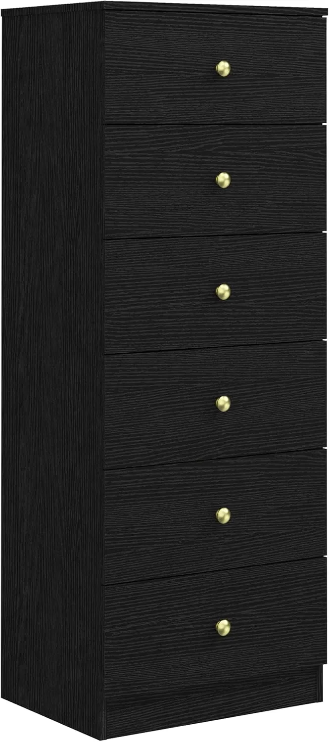 Modern 6 Drawer Vertical Dresser, Wood Tall Chest of Drawers N Arrow Storage Organizer with Wide Drawers & Metal Gold Handles for Bedroom, Living Room, Office, Hallway, Entryway (Black)