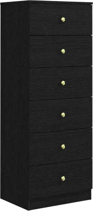 Modern 6 Drawer Vertical Dresser, Wood Tall Chest of Drawers N Arrow Storage Organizer with Wide Drawers & Metal Gold Handles for Bedroom, Living Room, Office, Hallway, Entryway (Black)