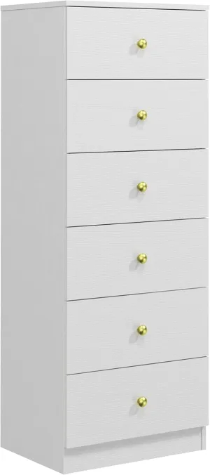 Modern 6 Drawer Vertical Dresser, Wood Tall Chest of Drawers N Arrow Storage Organizer with Wide Drawers & Metal Gold Handles for Bedroom, Living Room, Office, Hallway, Entryway (White)