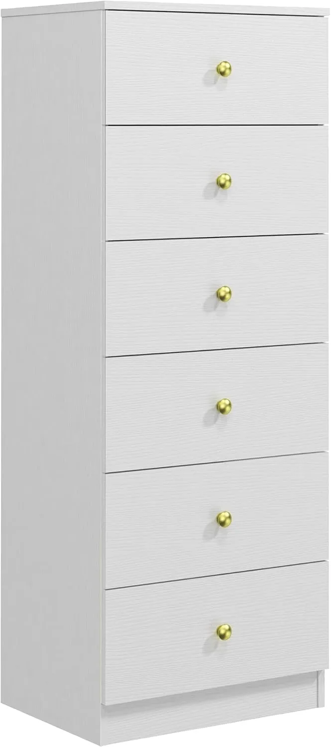 Modern 6 Drawer Vertical Dresser, Wood Tall Chest of Drawers N Arrow Storage Organizer with Wide Drawers & Metal Gold Handles for Bedroom, Living Room, Office, Hallway, Entryway (White)