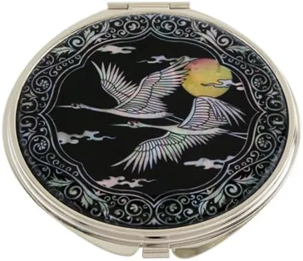 Mother of Pearl Design 2-Sided 2X/1X Magnification Compact Mirror, Pocket Travel Makeup Mirror, Small Metal Portable Handheld Cosmetic Mirror for Purses, Gift for Mom Women (Crane Moon)