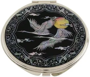 Mother of Pearl Design 2-Sided 2X/1X Magnification Compact Mirror, Pocket Travel Makeup Mirror, Small Metal Portable Handheld Cosmetic Mirror for Purses, Gift for Mom Women (Crane Moon)