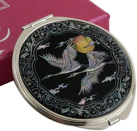 Mother of Pearl Design 2-Sided 2X/1X Magnification Compact Mirror, Pocket Travel Makeup Mirror, Small Metal Portable Handheld Cosmetic Mirror for Purses, Gift for Mom Women (Crane Moon)