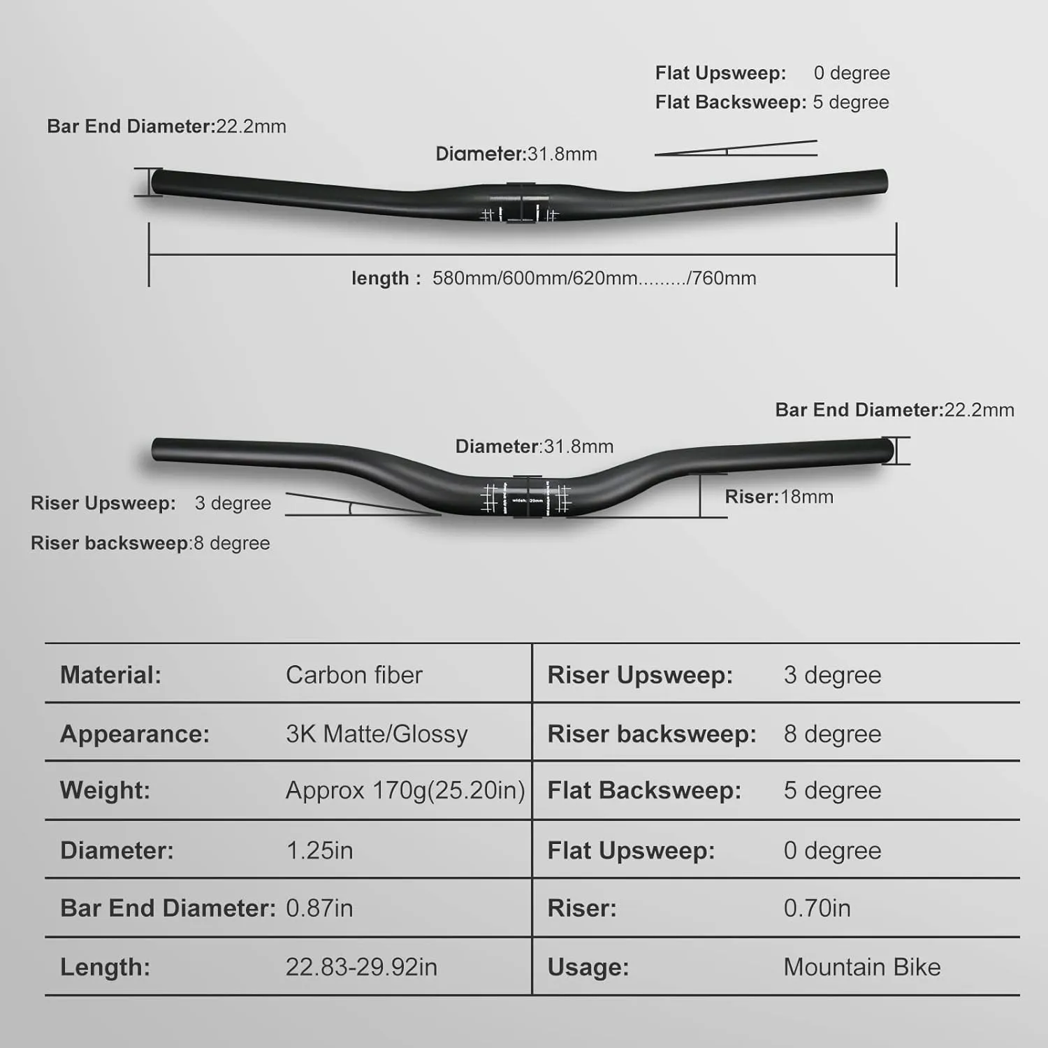 Mtb Mountain Bike Handlebars Alfa Pasca Carbon Riser Handlebar 31.8 Bike Handlebars for Cycling Bicycle Bars UD Matte 620/640/660/680/700/720mm
