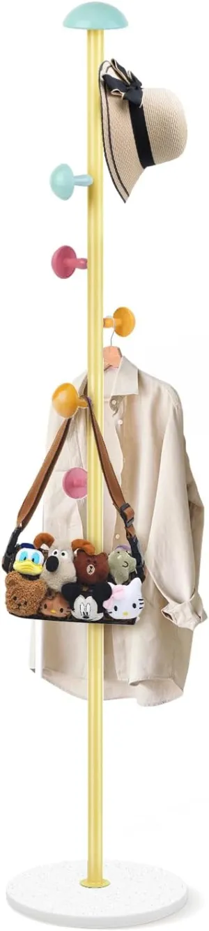 Mushroom Coat Rack, Free Standing Coat Rack with 7 Mushroom Hooks, 2 Adjustable Height Coat Hanger Standing, Hat Hanger Hall Tree Metal Coat Stand Tree for Entryway, Hallway, Bedroom, Yellow