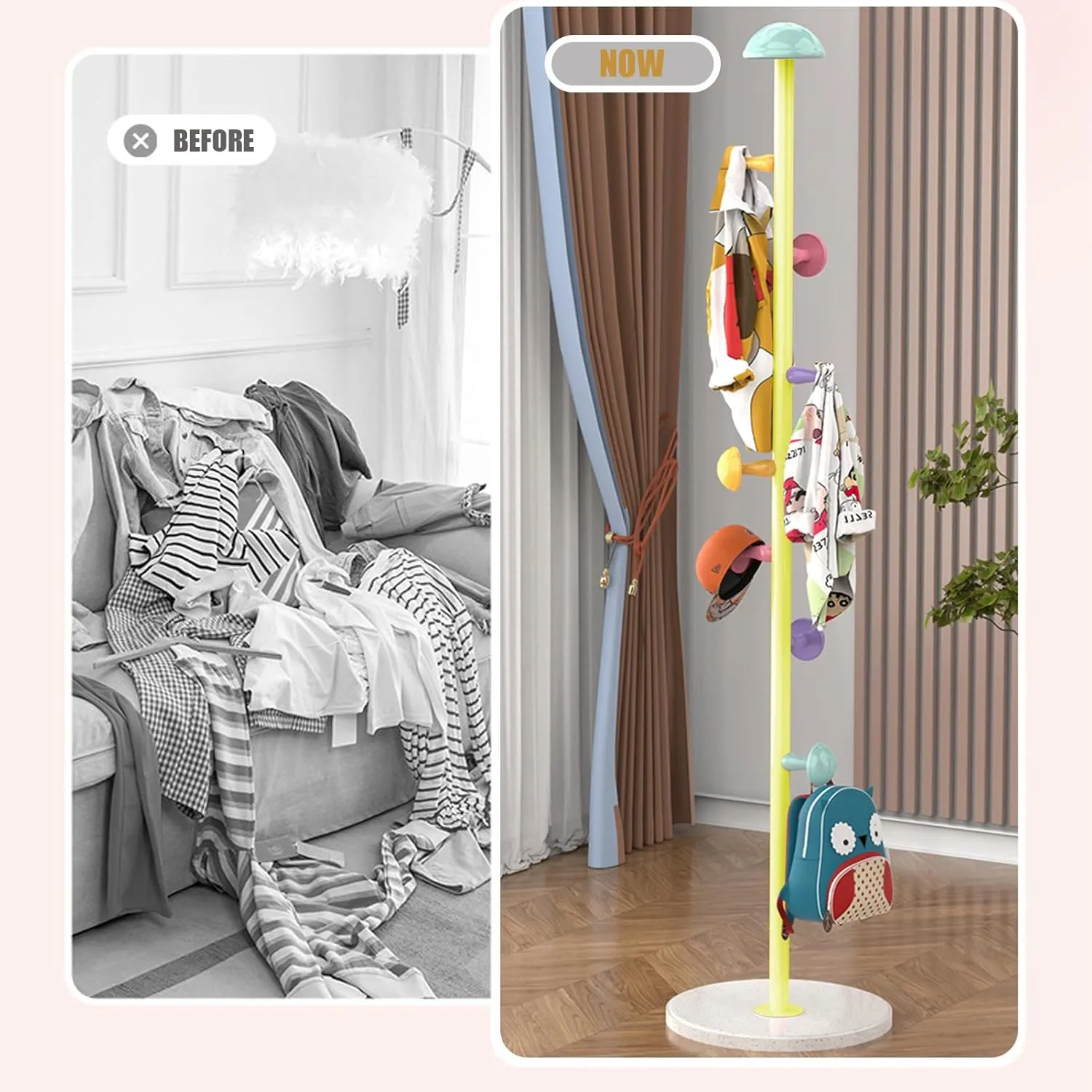 Mushroom Coat Rack, Free Standing Coat Rack with 7 Mushroom Hooks, 2 Adjustable Height Coat Hanger Standing, Hat Hanger Hall Tree Metal Coat Stand Tree for Entryway, Hallway, Bedroom, Yellow