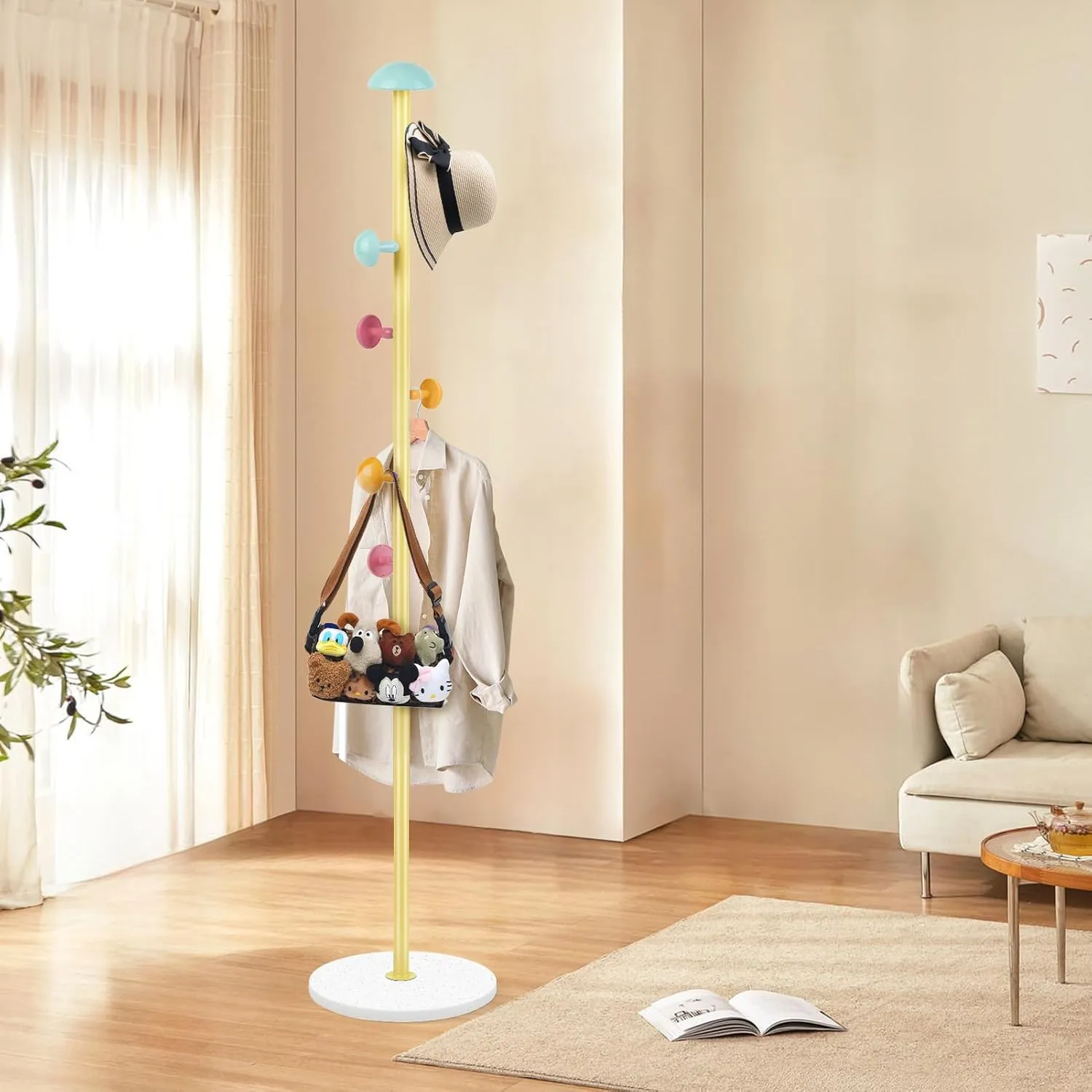 Mushroom Coat Rack, Free Standing Coat Rack with 7 Mushroom Hooks, 2 Adjustable Height Coat Hanger Standing, Hat Hanger Hall Tree Metal Coat Stand Tree for Entryway, Hallway, Bedroom, Yellow