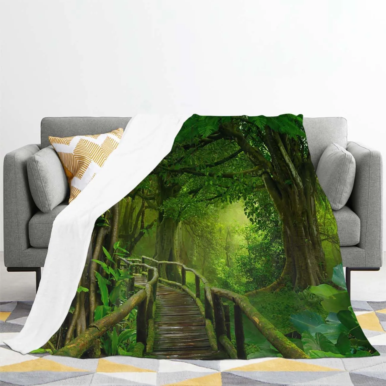 Nature Scenery Blankets Soft Lightweight Flannel Throw Blanket Asia Jungle Wooden Bridge Trail Warm and Cozy Throws for Bedding,Couch,Sofa and Gift 66inx90in