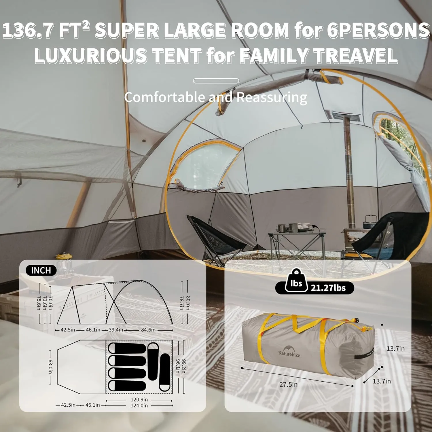 Naturehike KOTA 4/6/8 Person Camping Tent, Double Layer Waterproof 4 Person 6 Person 8 Person Tents for Camping, Large and Tall Family Tent with Vestibules Porch