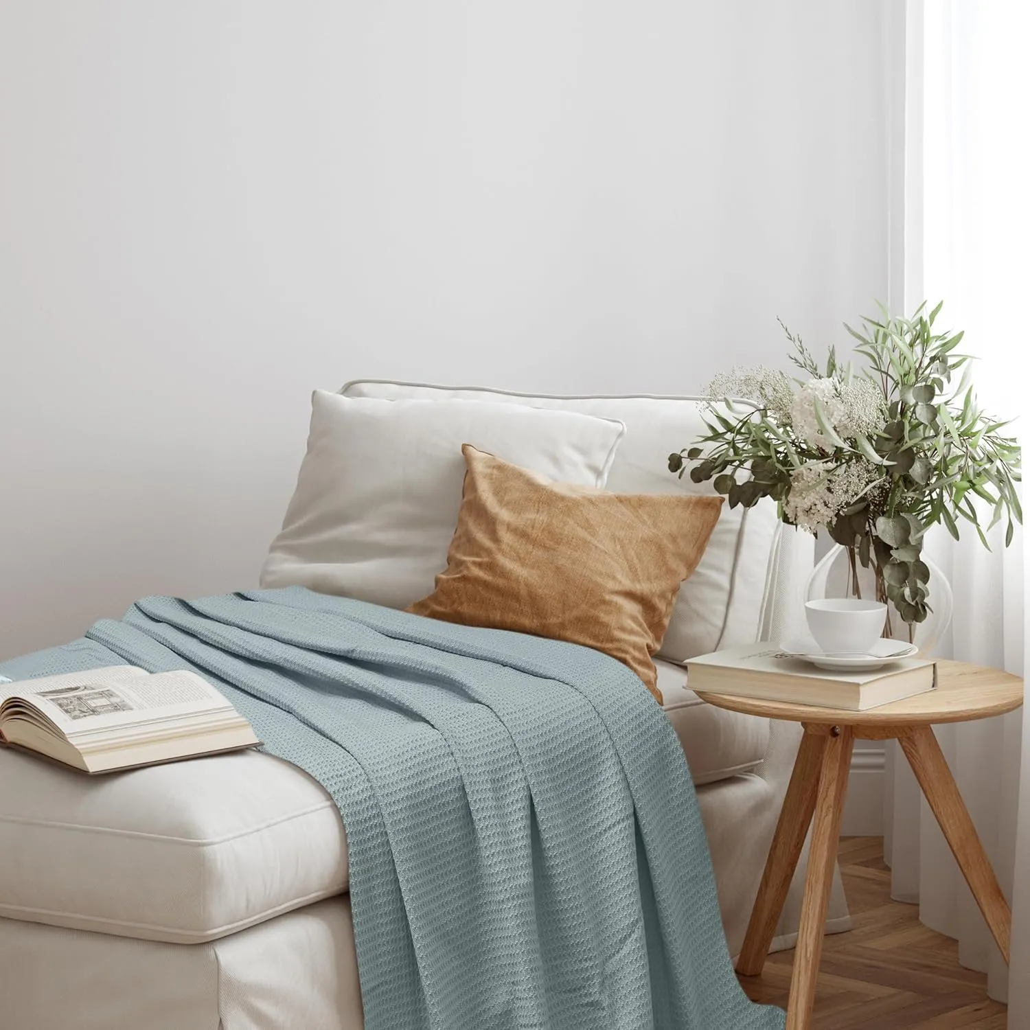 NesteriaHome 100% Cotton Blanket Waffle Weave Mint 405 GSM 90x90 Inches Soft Thermal Blanket Queen Size Lightweight, Breathable & Durable Summer Throw Blanket for Bed, Couches and Living Room