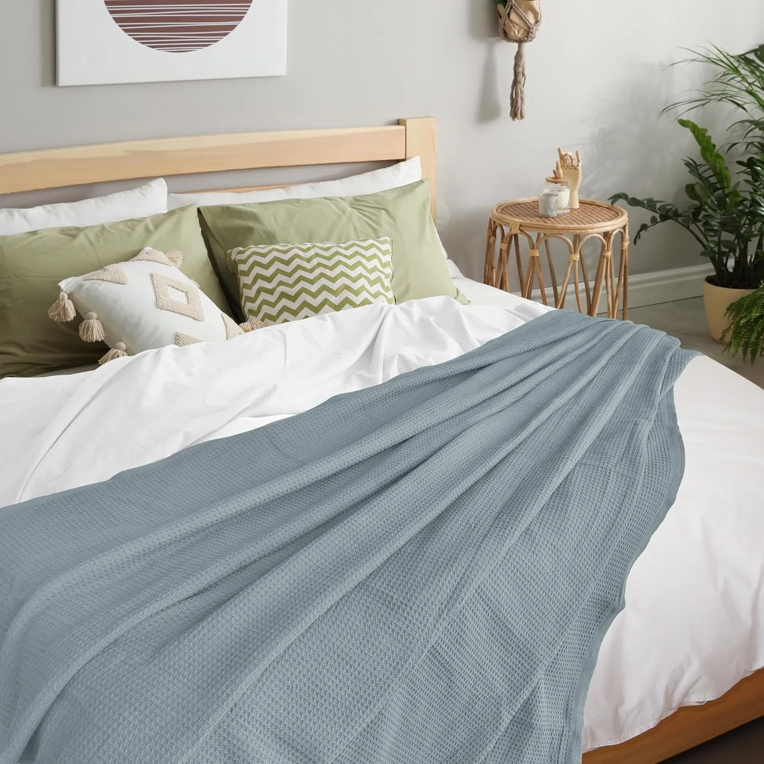 NesteriaHome 100% Cotton Blanket Waffle Weave Mint 405 GSM 90x90 Inches Soft Thermal Blanket Queen Size Lightweight, Breathable & Durable Summer Throw Blanket for Bed, Couches and Living Room