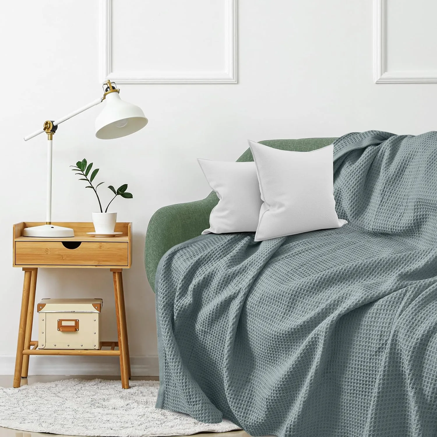 NesteriaHome 100% Cotton Blanket Waffle Weave Mint 405 GSM 90x90 Inches Soft Thermal Blanket Queen Size Lightweight, Breathable & Durable Summer Throw Blanket for Bed, Couches and Living Room