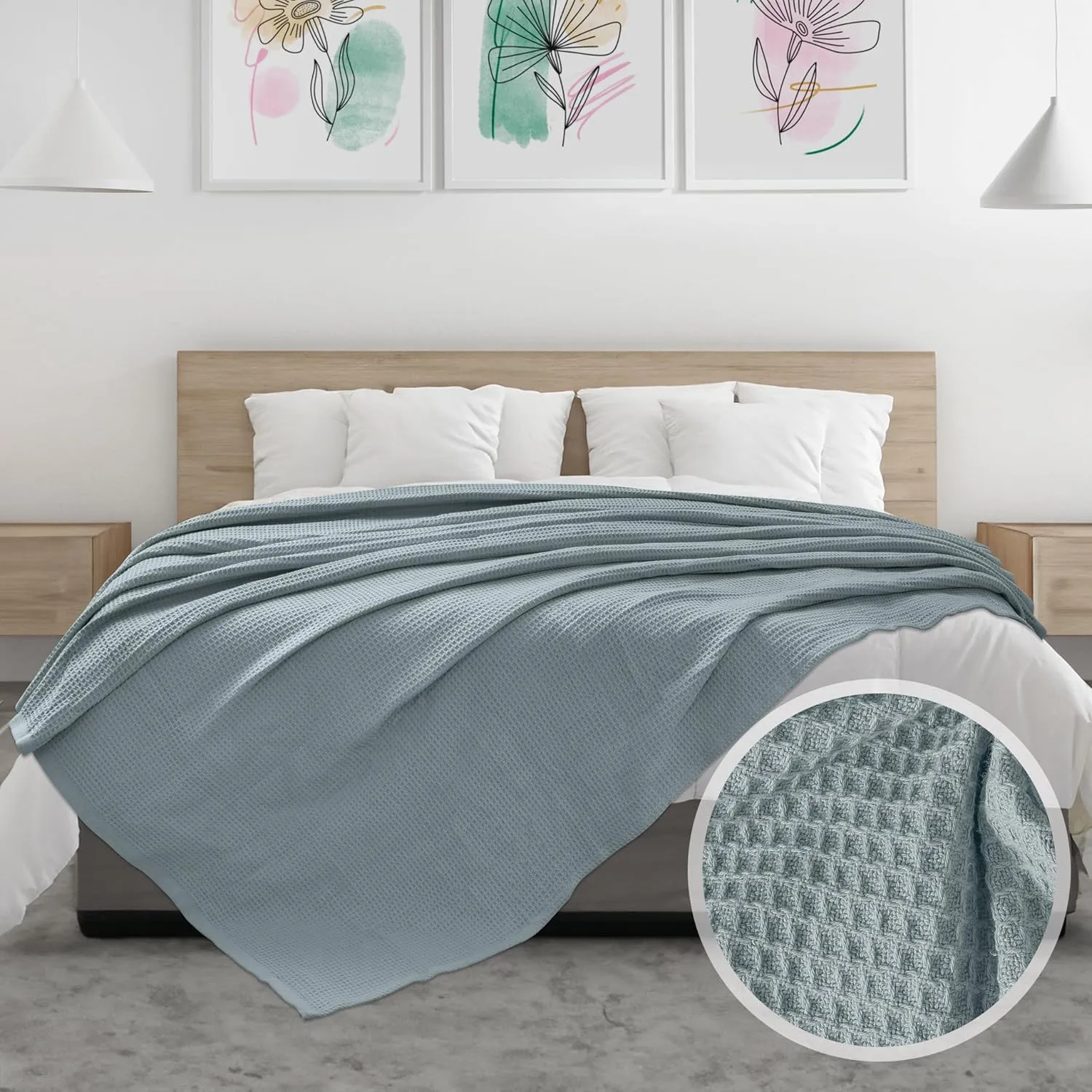 NesteriaHome 100% Cotton Blanket Waffle Weave Mint 405 GSM 90x90 Inches Soft Thermal Blanket Queen Size Lightweight, Breathable & Durable Summer Throw Blanket for Bed, Couches and Living Room