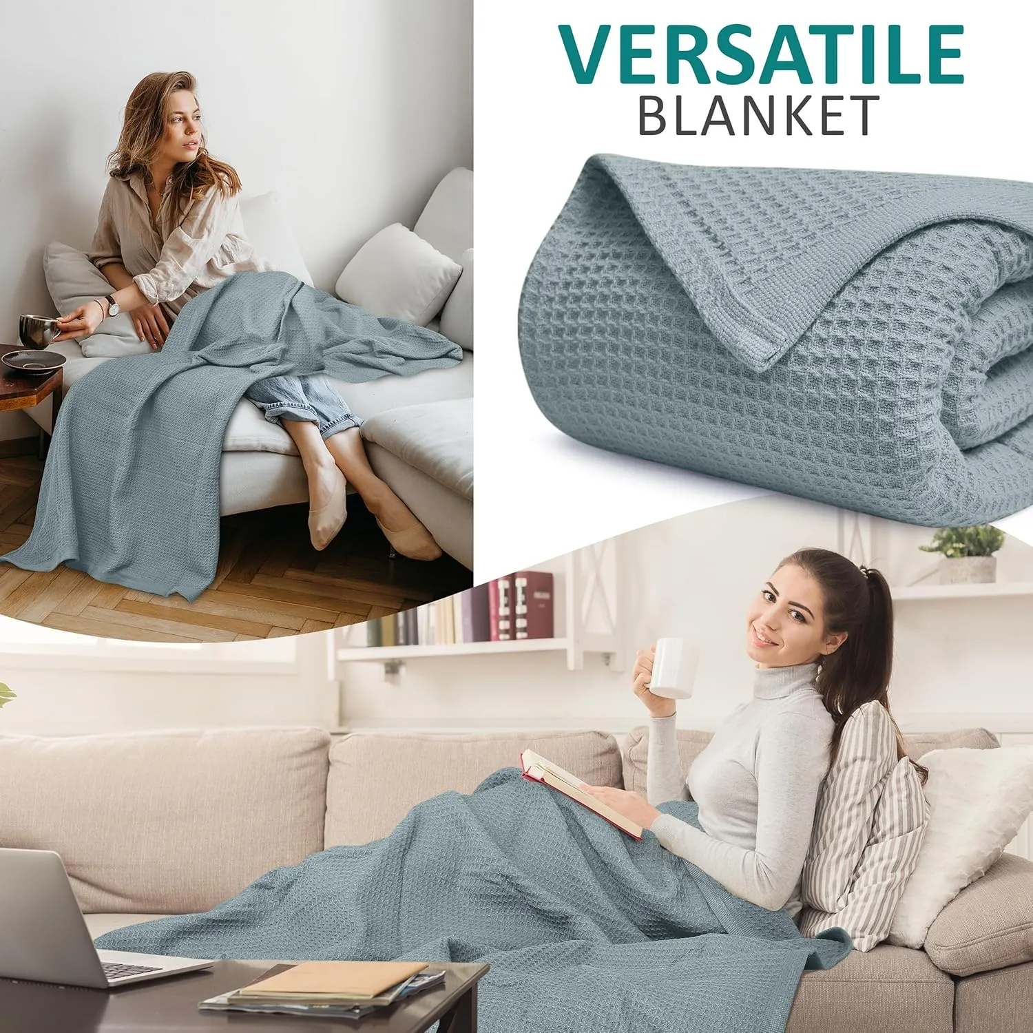 NesteriaHome 100% Cotton Blanket Waffle Weave Mint 405 GSM 90x90 Inches Soft Thermal Blanket Queen Size Lightweight, Breathable & Durable Summer Throw Blanket for Bed, Couches and Living Room