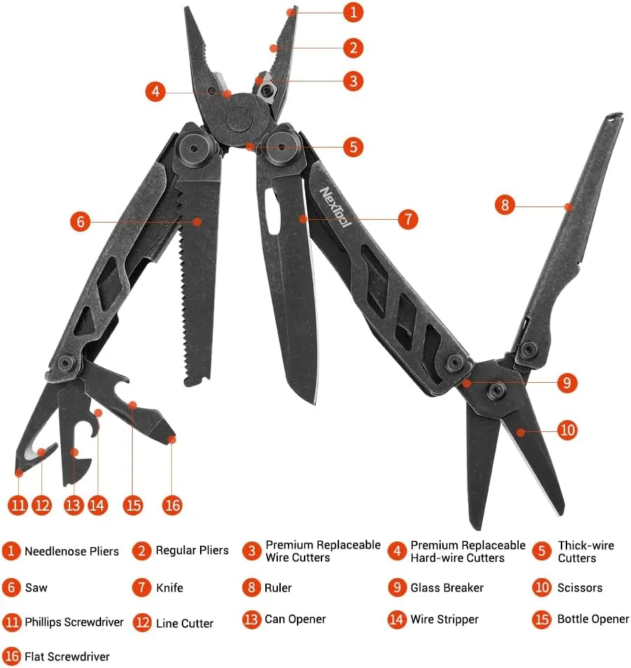 NexTool Heavy Duty Multitool Pliers with Pocket Scissors, Replaceable Wire Cutters, Nylon Sheath, Folding Multitool Knife with Safety Lock for Camping, Survival, Home Repair, DIY