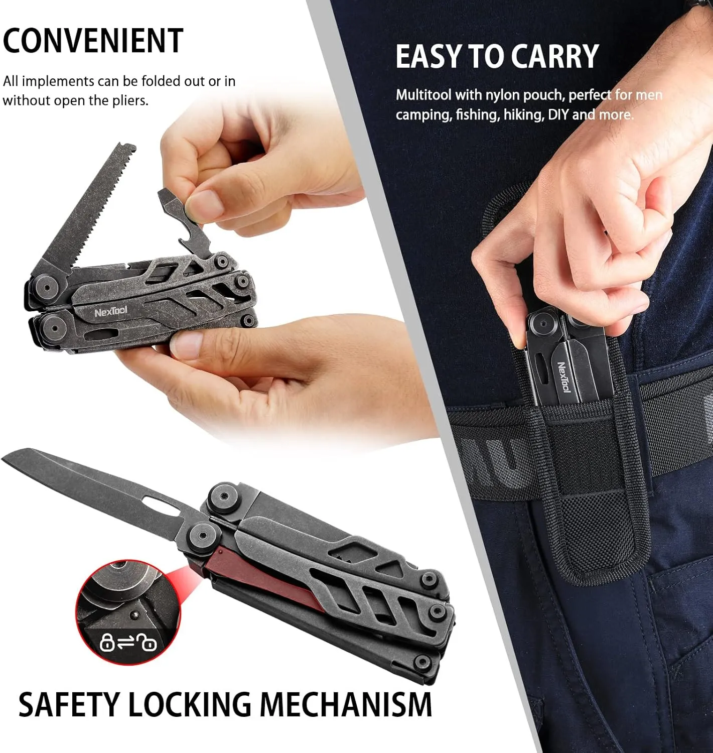 NexTool Heavy Duty Multitool Pliers with Pocket Scissors, Replaceable Wire Cutters, Nylon Sheath, Folding Multitool Knife with Safety Lock for Camping, Survival, Home Repair, DIY
