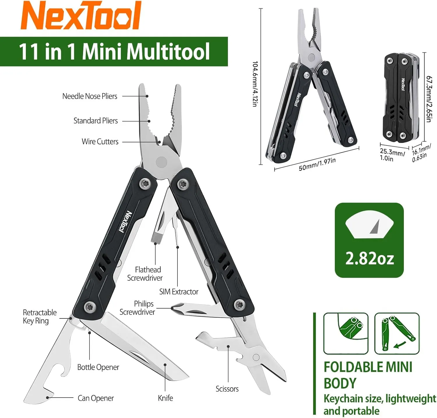 NexTool Mini Sailor S11 Keychain Multitool, 11-in-1 Compact EDC Pliers with Pocket Knife, Scissors & Screwdrivers, Lightweight Small Multitool for DIY, Travel, Camping, and Gift, Cool Gadget for Men