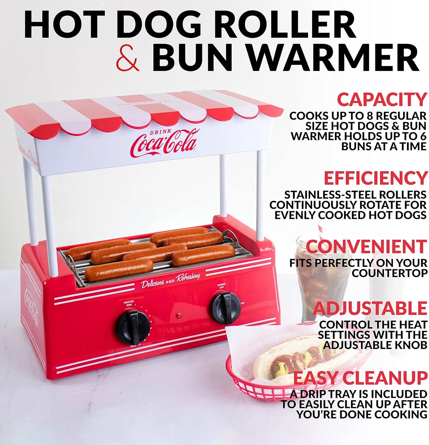 Nostalgia Coca-Cola Hot Dog Roller Holds 8 Regular Sized or 4-Foot-Long Hot Dogs and 6 Bun Capacity, Stainless Steel Rollers, Perfect For Breakfast Sausages, Brats, Taquitos, Egg Rolls, Red/White