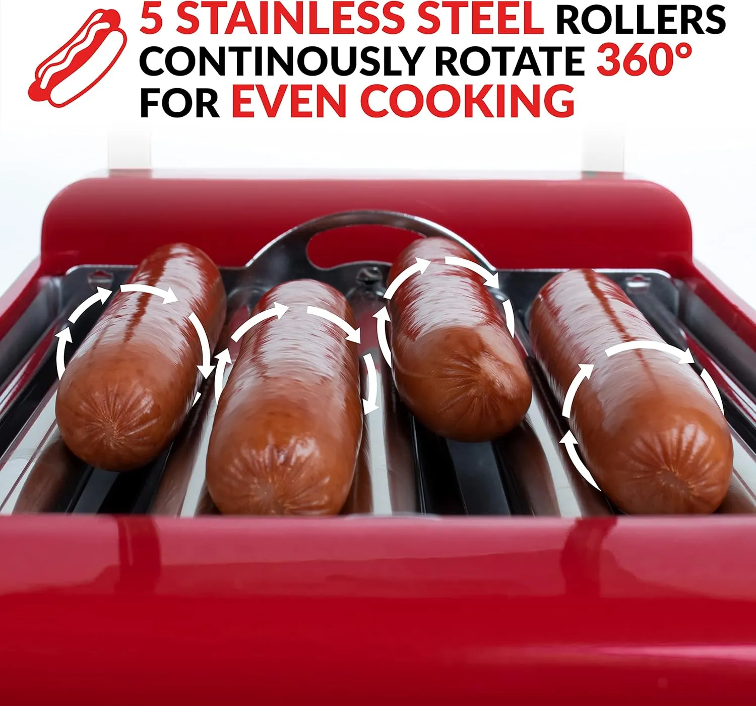 Nostalgia Coca-Cola Hot Dog Roller Holds 8 Regular Sized or 4-Foot-Long Hot Dogs and 6 Bun Capacity, Stainless Steel Rollers, Perfect For Breakfast Sausages, Brats, Taquitos, Egg Rolls, Red/White