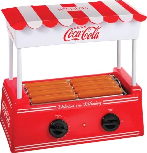 Nostalgia Coca-Cola Hot Dog Roller Holds 8 Regular Sized or 4-Foot-Long Hot Dogs and 6 Bun Capacity, Stainless Steel Rollers, Perfect For Breakfast Sausages, Brats, Taquitos, Egg Rolls, Red/White