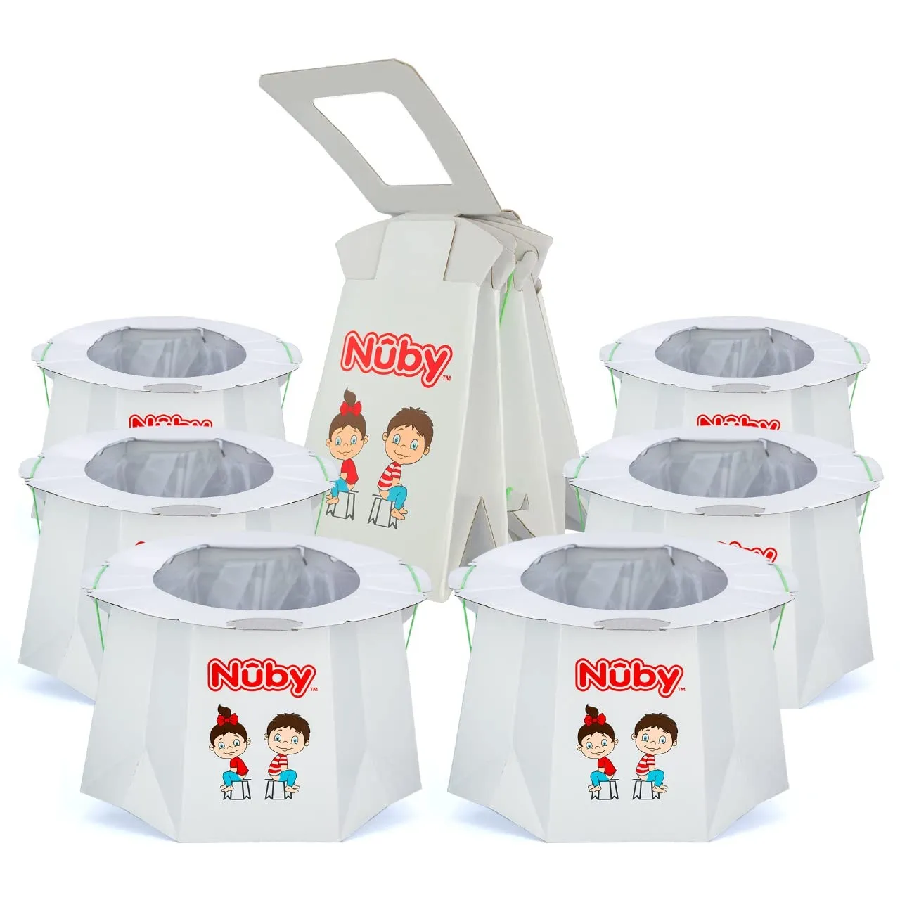 Nuby Disposable Travel Potty with Liner - Foldable and Portable Potty; Toddler Potty Essential for Camp, Trips, & Car Rides - Travel Potty for Toddler, 6 Pack