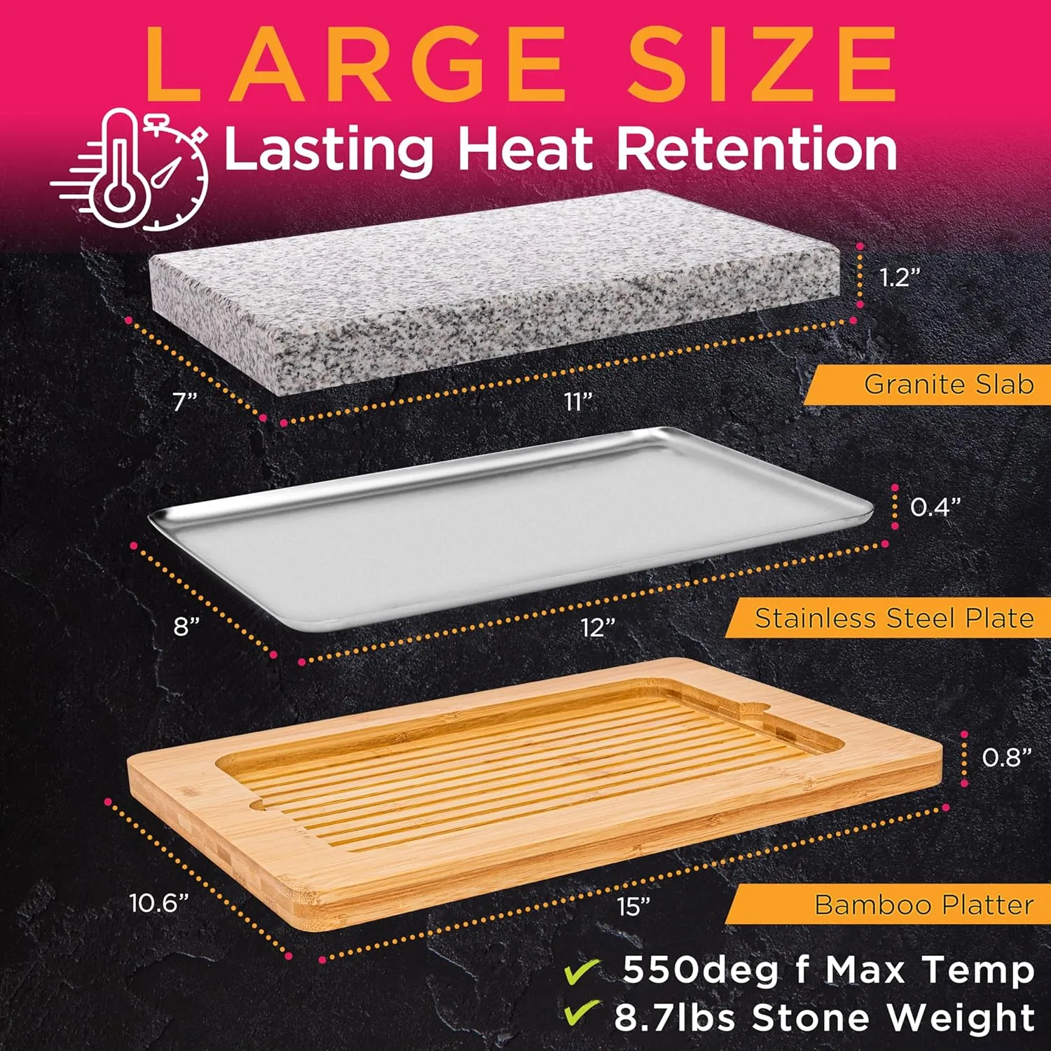 NutriChef Sizzle Hot Cooking Stone Grill with Bamboo Platter, Tabletop Granite Stone Grill with Non-Slip Handles, Adjustable Temperature Control, 550°F Max Heat - Perfect for Meats and Vegetables