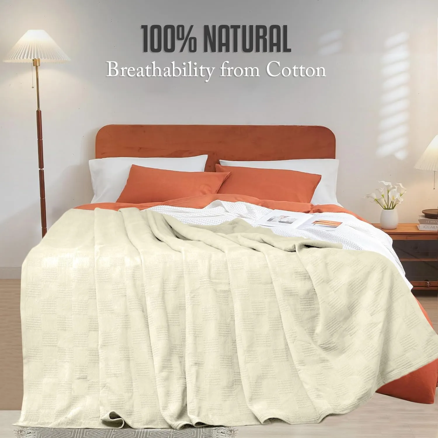 Oakias 100% Cotton Blanket - King Ivory, 350 GSM, 90 x 108 Inches, Soft & Durable Summer Blanket for Bed & Couches