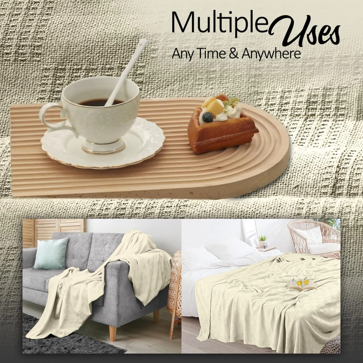Oakias 100% Cotton Blanket - King Ivory, 350 GSM, 90 x 108 Inches, Soft & Durable Summer Blanket for Bed & Couches