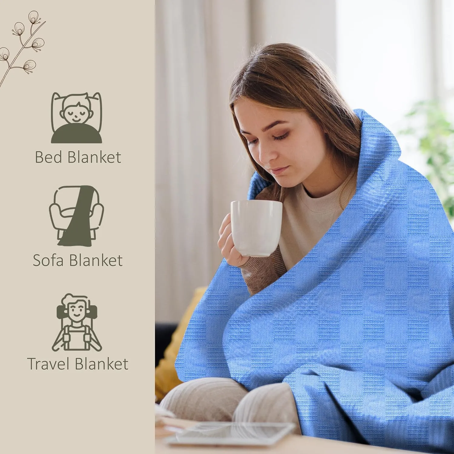 Oakias 100% Cotton Blanket - King Size Vista Blue, 350 GSM, 90 x 108 Inches, Soft Thermal, Lightweight, Breathable & Durable Summer Blanket for Bed, Couches & Living Room