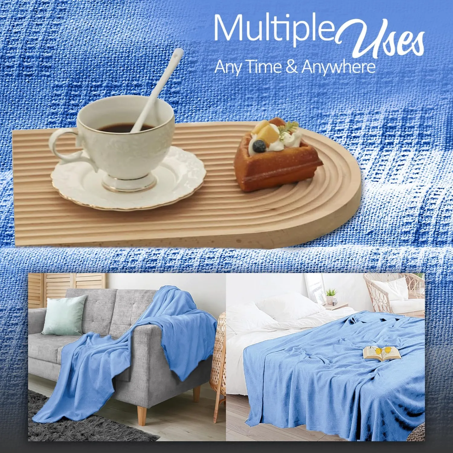 Oakias 100% Cotton Blanket - King Size Vista Blue, 350 GSM, 90 x 108 Inches, Soft Thermal, Lightweight, Breathable & Durable Summer Blanket for Bed, Couches & Living Room