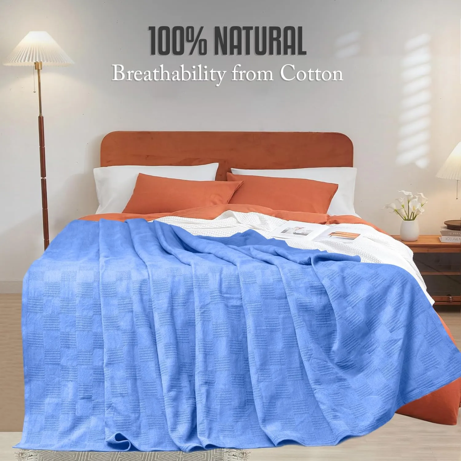 Oakias 100% Cotton Blanket - King Size Vista Blue, 350 GSM, 90 x 108 Inches, Soft Thermal, Lightweight, Breathable & Durable Summer Blanket for Bed, Couches & Living Room