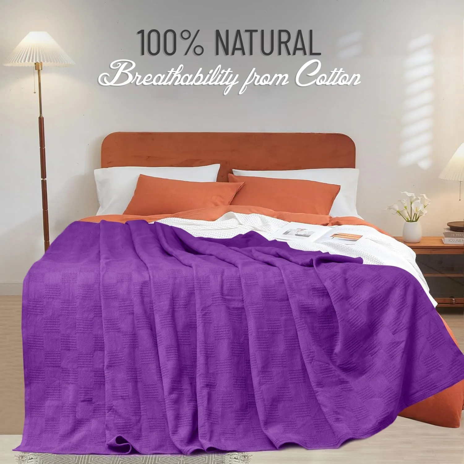 Oakias 100% Cotton Blanket Queen Plum - 350 GSM 90 x 90 Inches Soft Thermal Blanket Queen Size - Throw Blanket Lightweight, Breathable & Durable Summer Blanket for Bed, Couches & Living Room
