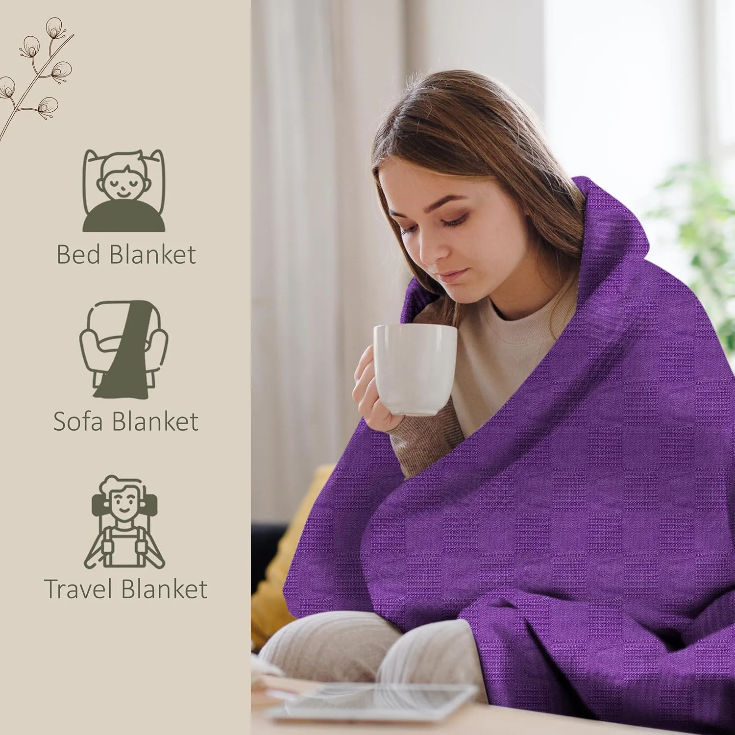 Oakias 100% Cotton Blanket Queen Plum - 350 GSM 90 x 90 Inches Soft Thermal Blanket Queen Size - Throw Blanket Lightweight, Breathable & Durable Summer Blanket for Bed, Couches & Living Room