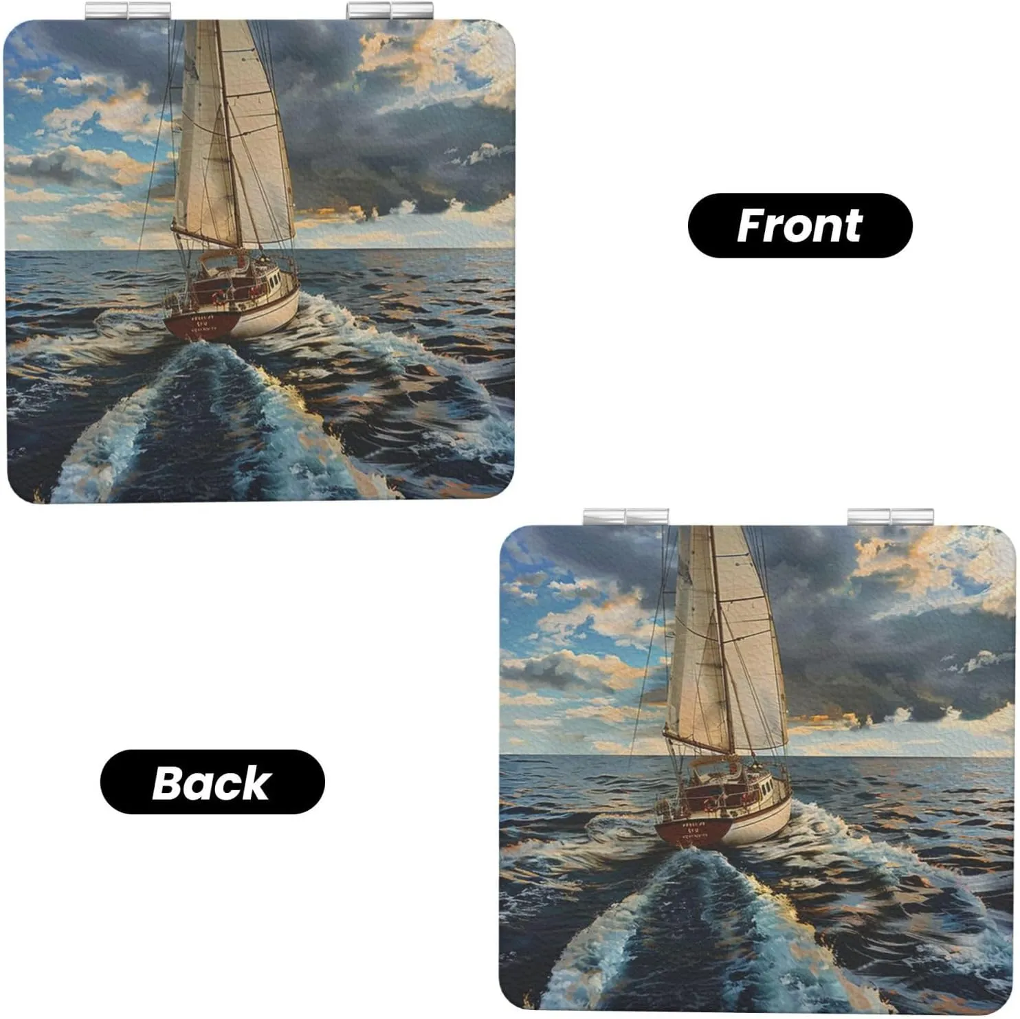 Ocean Sailboat Printed Square Pocket Makeup Mirror with 1X/2X Magnification, Portable Mini Travel Makeup Mirror for Travel Daily Work Beauty