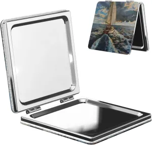 Ocean Sailboat Printed Square Pocket Makeup Mirror with 1X/2X Magnification, Portable Mini Travel Makeup Mirror for Travel Daily Work Beauty