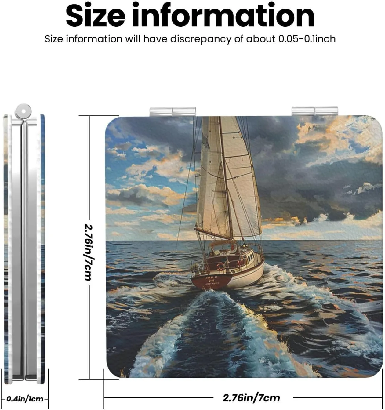 Ocean Sailboat Printed Square Pocket Makeup Mirror with 1X/2X Magnification, Portable Mini Travel Makeup Mirror for Travel Daily Work Beauty