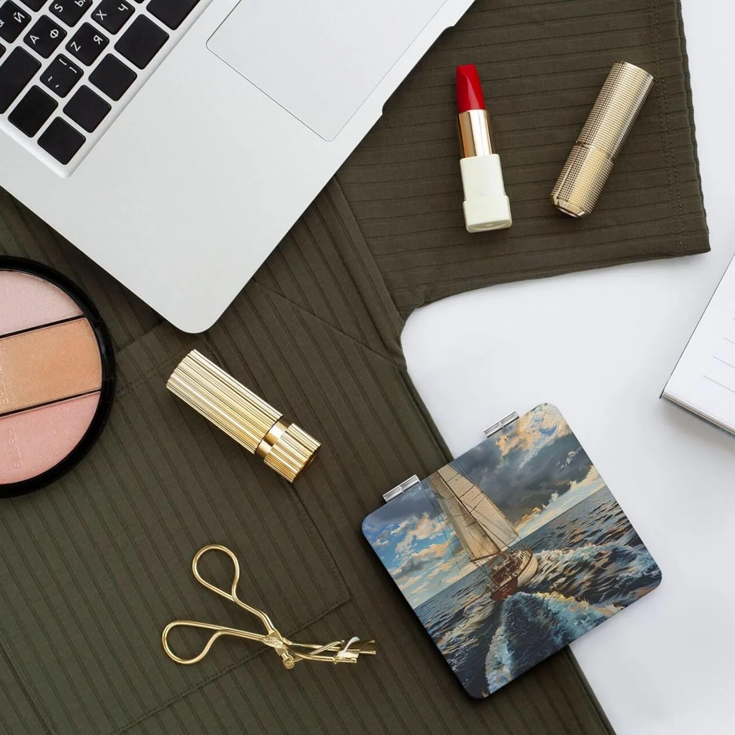 Ocean Sailboat Printed Square Pocket Makeup Mirror with 1X/2X Magnification, Portable Mini Travel Makeup Mirror for Travel Daily Work Beauty