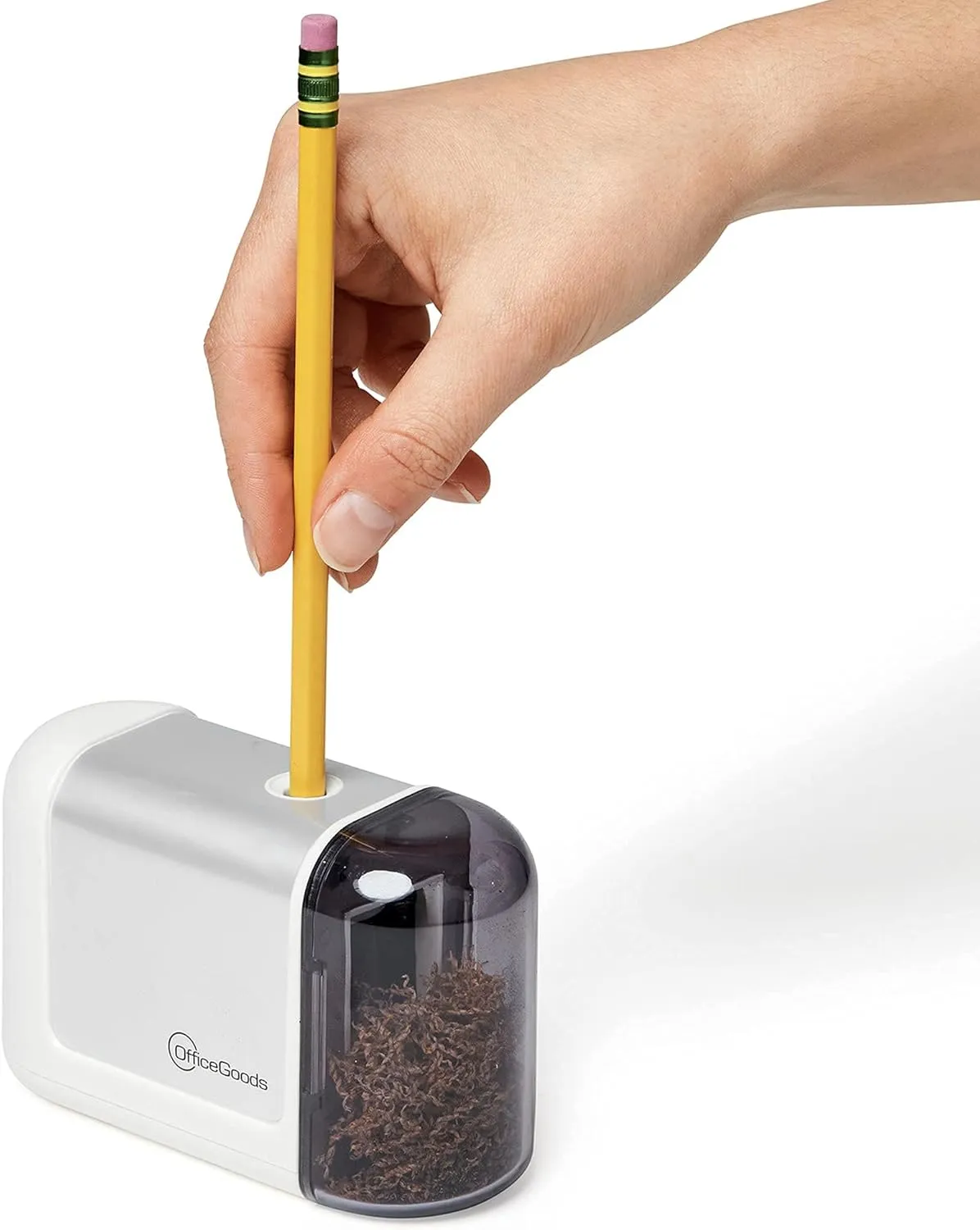 OfficeGoods Mini-Pro Electric Pencil Sharpener - Cordless Portable Sharpener - Battery Operated - Compact & Powerful for Home, Office & School - White