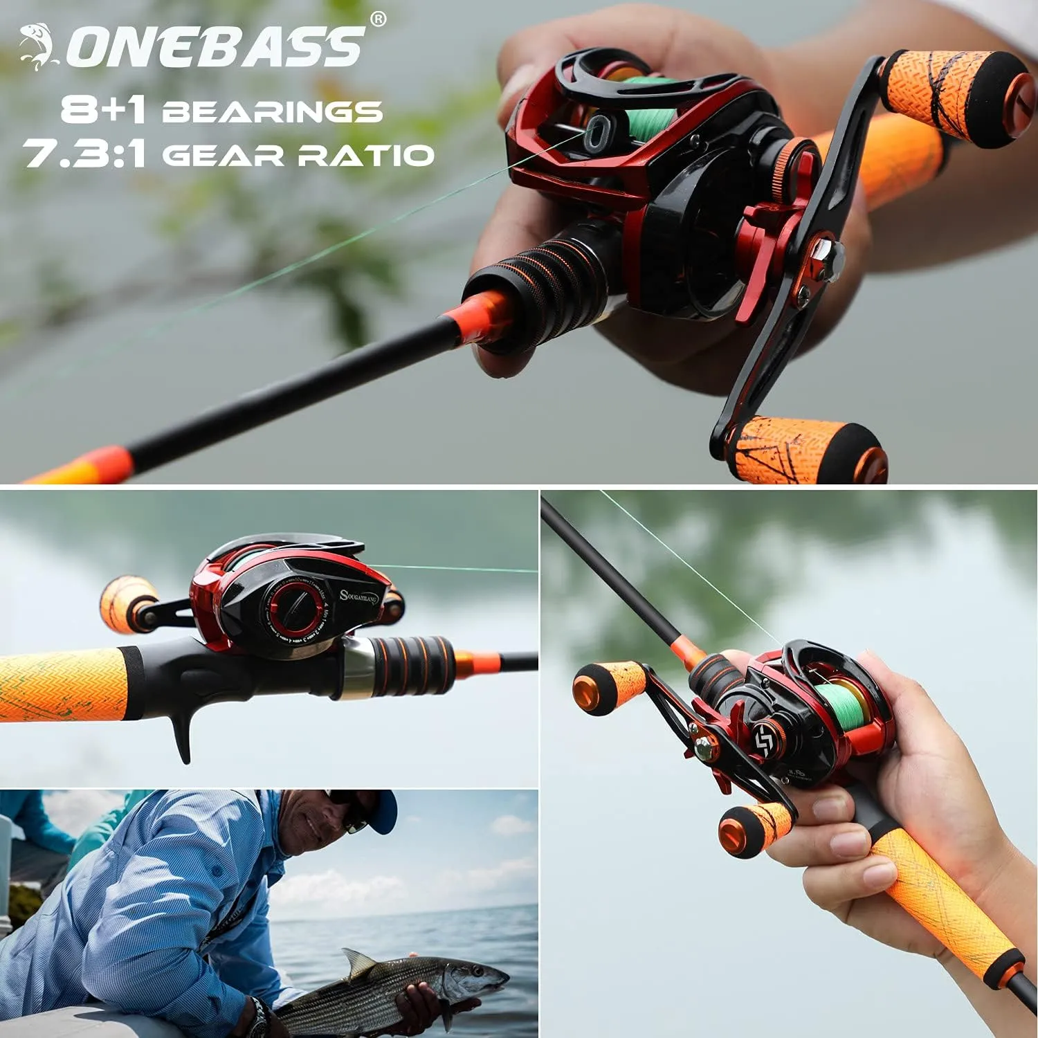 One Bass Fishing Rod and Reel Combo, Medium Fast Baitcasting Combo, 24-Ton Carbon Fiber 2 Pieces Fishing Poles with Baitcaster Reel Super Polymer Handle
