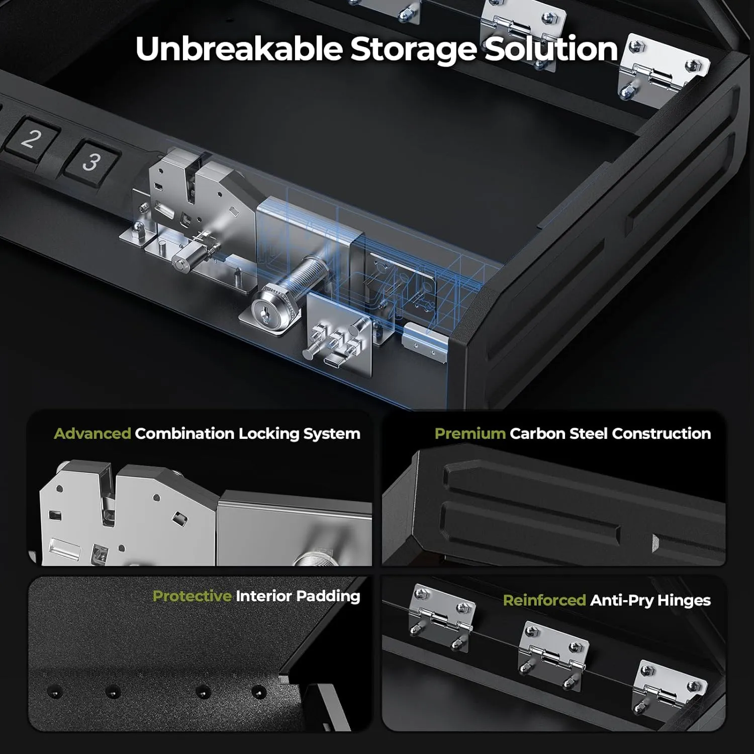 ONNAIS Large Biometric Gun Safe - Fingerprint Pistol Safe with Internal Light, Three Unlock Methods, and Emergency Power Supply, Gun Lock Box for Home, Bedside, Nightstand, and Car Use